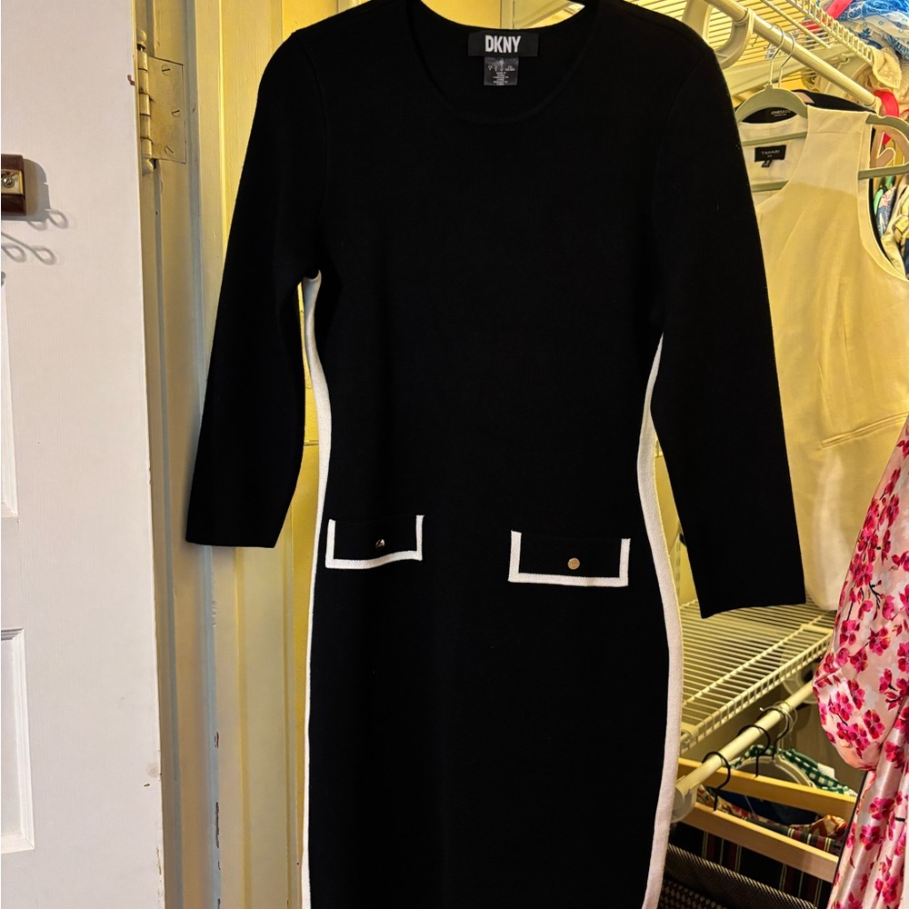 DKNY Long Sleeve Black Dress with White Trim